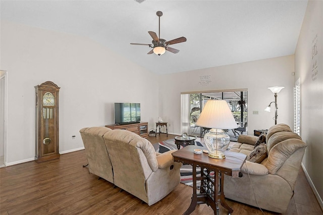 7817 Pine Trace Dr Unit 15, Sarasota, FL 34243 - living room with baseboards, ceiling fan, wood finished floors, and high vaulted ceiling
