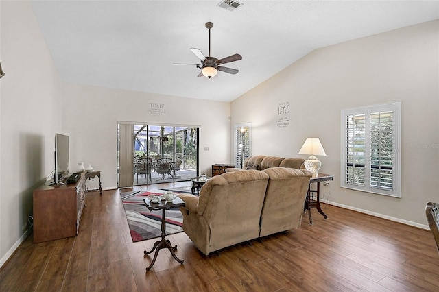 7817 Pine Trace Dr Unit 15, Sarasota, FL 34243 - living area featuring high vaulted ceiling, ceiling fan, baseboards, and wood finished floors