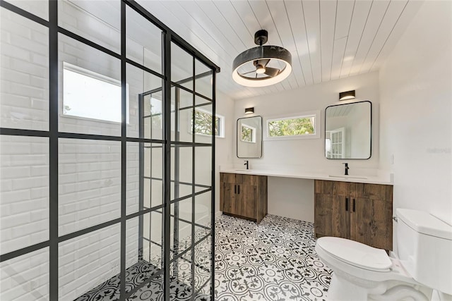 1016 38th St W, Bradenton, FL 34205 - bathroom with toilet, walk in shower, wooden ceiling, and vanity