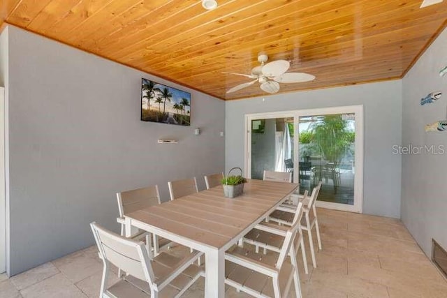 dining room with wooden ceiling and ceiling fan