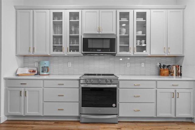 11430 Gallatin Trl, Parrish, FL 34219 - kitchen featuring appliances with stainless steel finishes, backsplash, glass insert cabinets, and light countertops