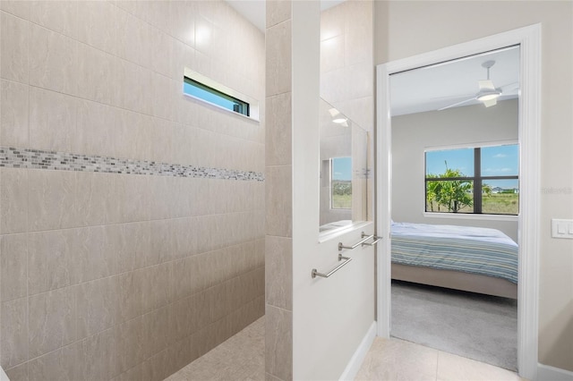 6244 Talon Preserve Dr, Nokomis, FL 34275 - full bath featuring tile patterned flooring, baseboards, walk in shower, ceiling fan, and ensuite bath