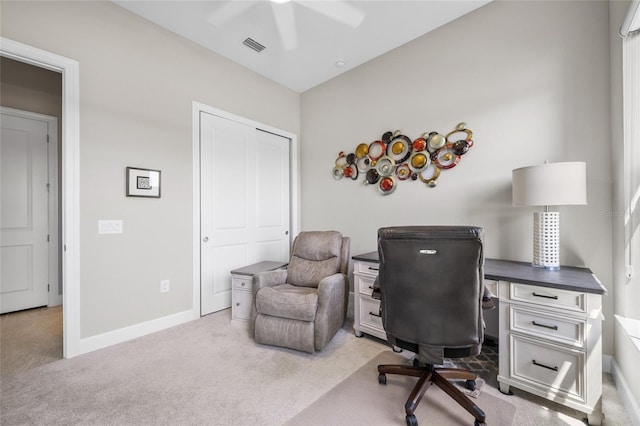 6244 Talon Preserve Dr, Nokomis, FL 34275 - home office featuring carpet floors, ceiling fan, visible vents, and baseboards