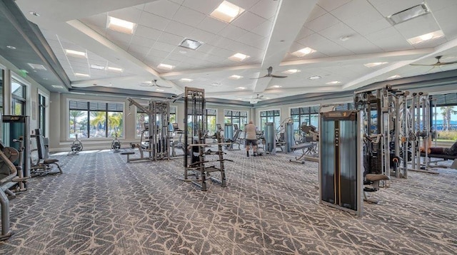 6244 Talon Preserve Dr, Nokomis, FL 34275 - workout area with carpet flooring, ceiling fan, and coffered ceiling