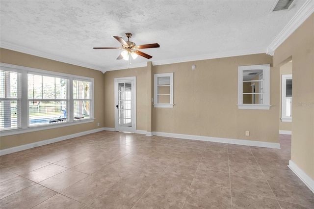 1830 Virginia Dr, Bradenton, FL 34205 - tiled spare room featuring a ceiling fan, a textured ceiling, visible vents, baseboards, and ornamental molding