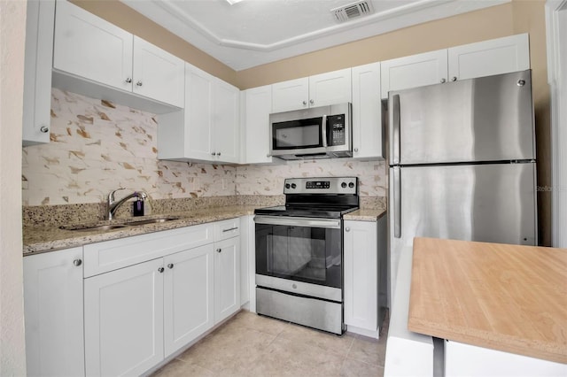 1830 Virginia Dr, Bradenton, FL 34205 - kitchen featuring a sink, stainless steel appliances, visible vents, white cabinetry, and light tile patterned floors