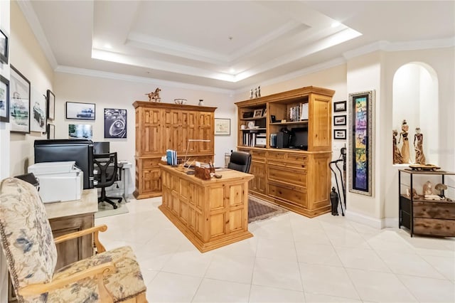 office with a tray ceiling, ornamental molding, light tile patterned floors, and baseboards