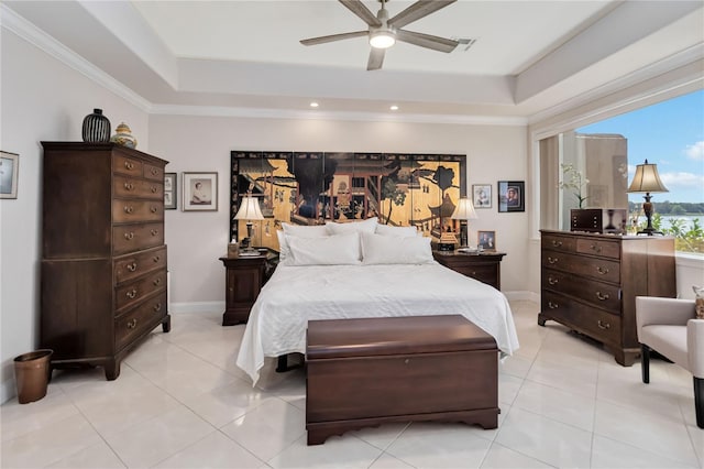 bedroom with a raised ceiling, light tile patterned floors, baseboards, recessed lighting, and ceiling fan