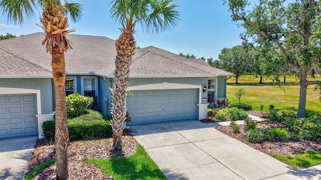 view of front of home featuring stucco siding, an attached garage, driveway, and a front yard