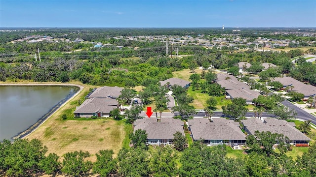 bird's eye view featuring a water view and a residential view