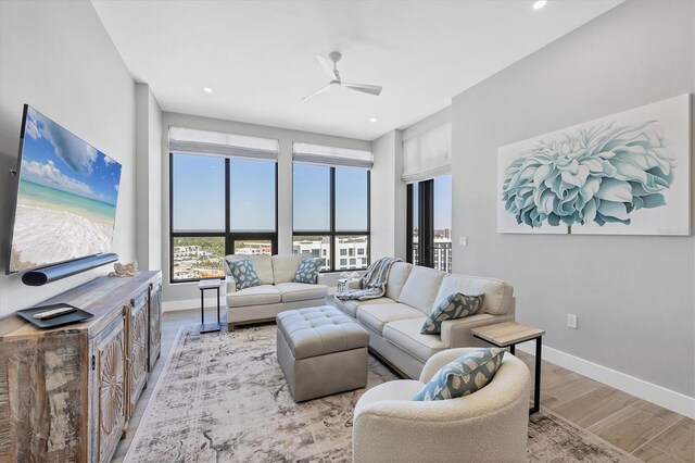 33 S Palm Ave Unit 1403, Sarasota, FL 34236 - living area featuring baseboards, a ceiling fan, wood finished floors, and recessed lighting