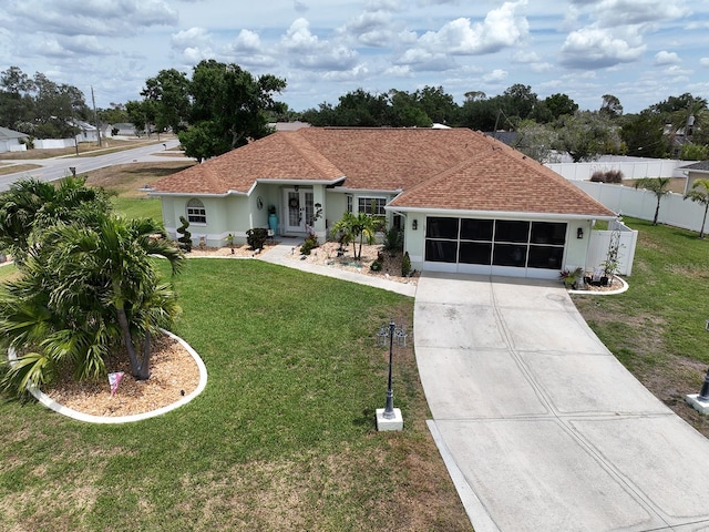 3984 Holin Ln, North Port, FL 34287 - view of front of house featuring a front lawn, fence, stucco siding, concrete driveway, and an attached garage