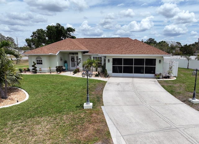 3984 Holin Ln, North Port, FL 34287 - ranch-style home with an attached garage, stucco siding, a front lawn, and driveway