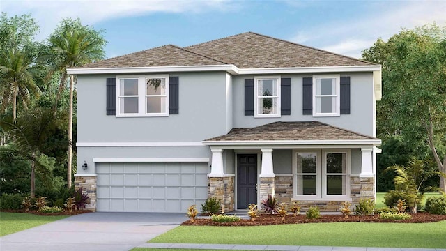 view of front facade featuring a garage, stucco siding, stone siding, and concrete driveway
