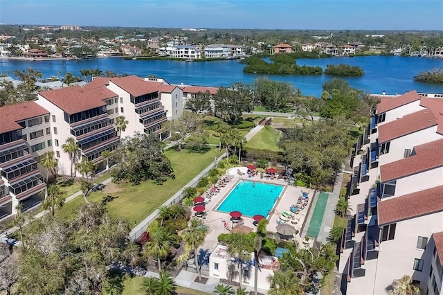 aerial view of a large body of water and a pool area