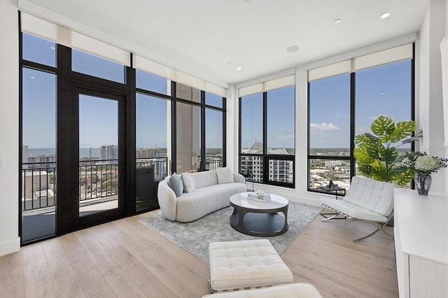 living area with wood finished floors and floor to ceiling windows