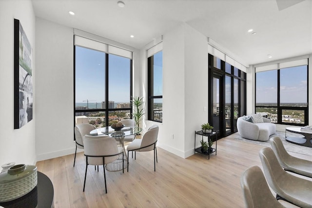 dining space with floor to ceiling windows, plenty of natural light, wood finished floors, and baseboards