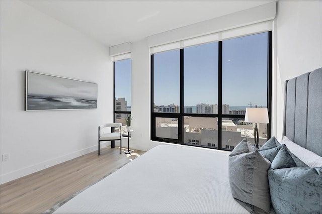 bedroom with wood finished floors, baseboards, and a view of city