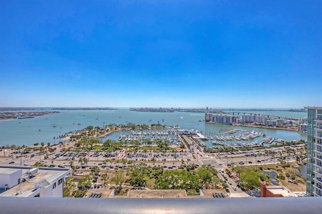 water view featuring a marina and nearby urban area