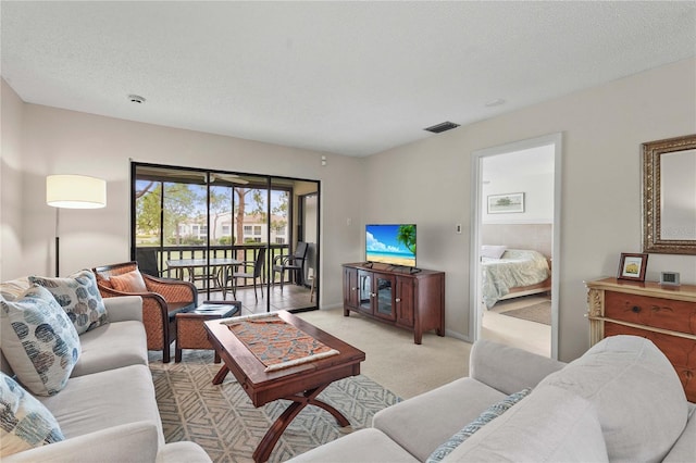 living area with light colored carpet, a textured ceiling, and baseboards