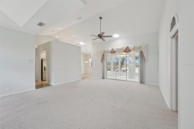 unfurnished living room with baseboards, light carpet, a ceiling fan, vaulted ceiling, and recessed lighting