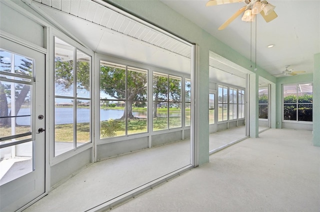 5596 Sabal Trace Dr, North Port, FL 34287 - unfurnished sunroom with ceiling fan and a water view