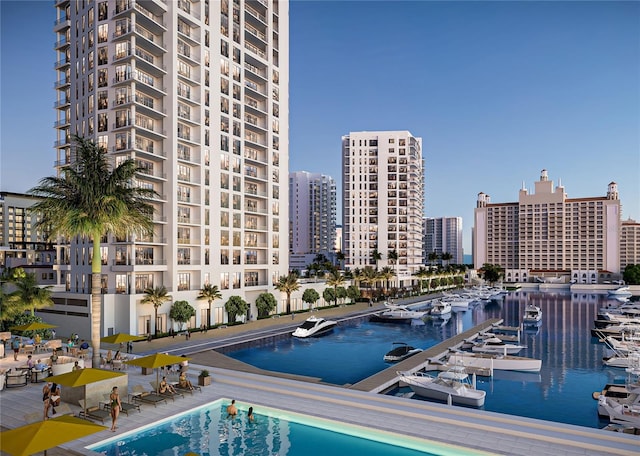 view of pool featuring a view of city
