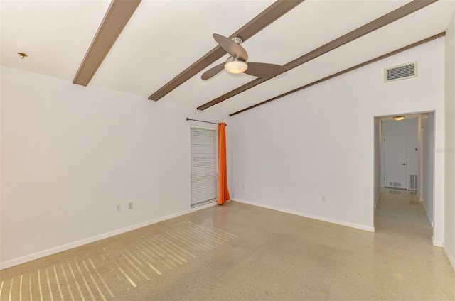 unfurnished room with visible vents, light speckled floor, baseboards, vaulted ceiling with beams, and a ceiling fan