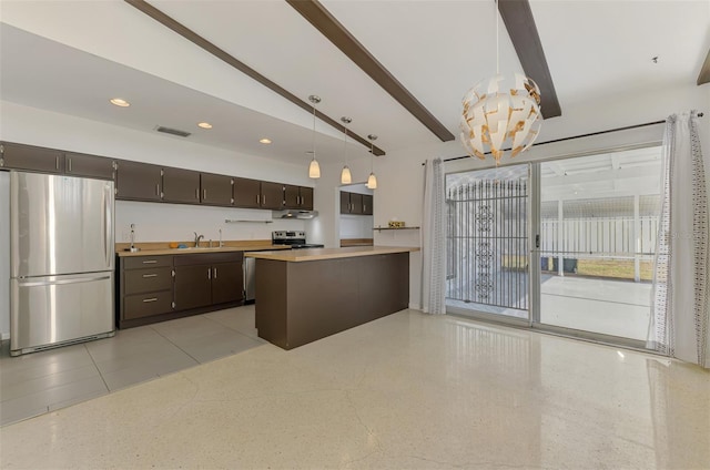 kitchen featuring dark brown cabinetry, visible vents, appliances with stainless steel finishes, a sink, and under cabinet range hood