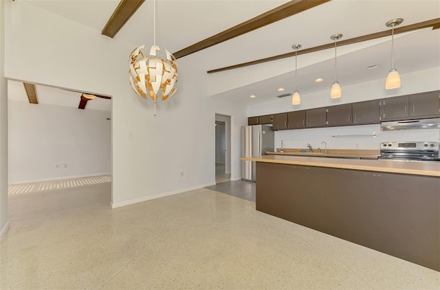 kitchen featuring beam ceiling, baseboards, light countertops, under cabinet range hood, and appliances with stainless steel finishes