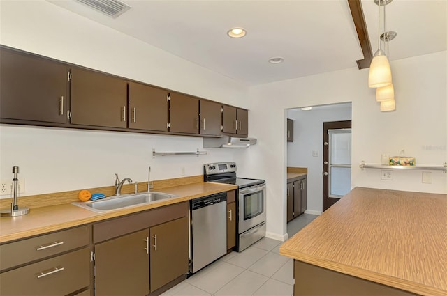 kitchen featuring visible vents, appliances with stainless steel finishes, a sink, light tile patterned floors, and under cabinet range hood