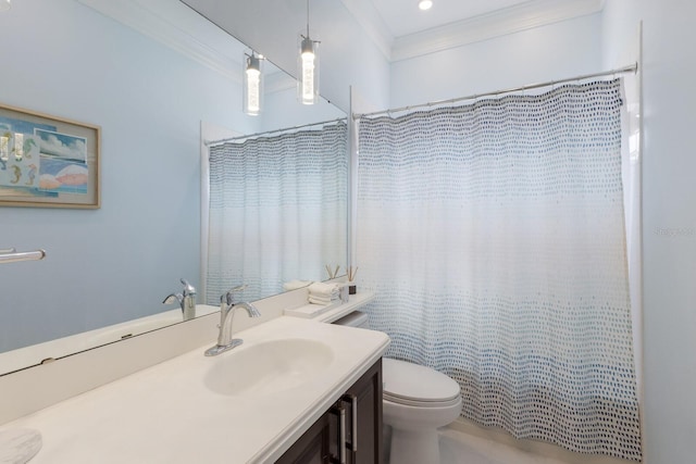 bathroom featuring crown molding, curtained shower, toilet, and vanity