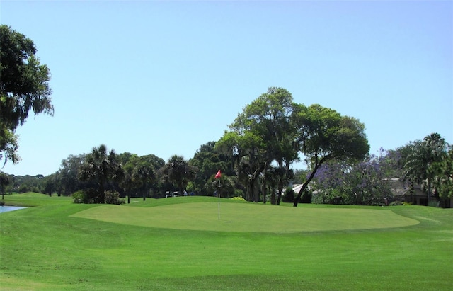 view of community featuring golf course view and a yard