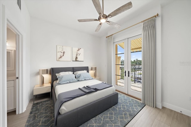 555 N Orange Ave Unit 307, Sarasota, FL 34236 - bedroom with access to exterior, wood finished floors, french doors, baseboards, and a ceiling fan
