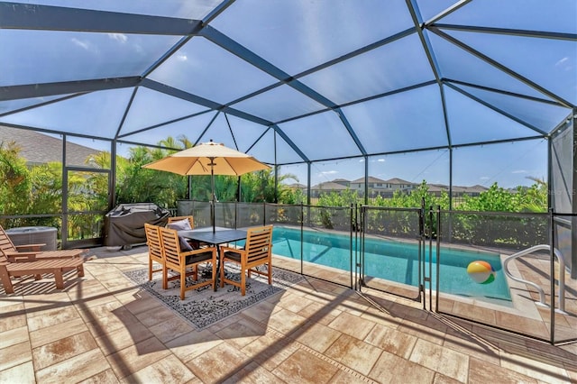 outdoor pool featuring glass enclosure, cooling unit, and a patio area