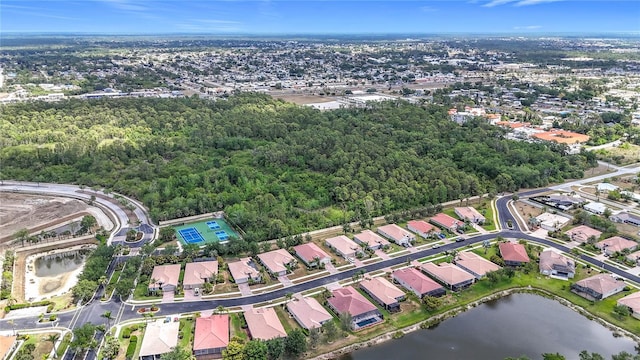 aerial view with a water view and a residential view