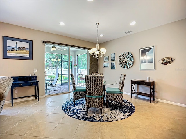 dining room featuring light tile patterned floors, baseboards, a chandelier, and recessed lighting