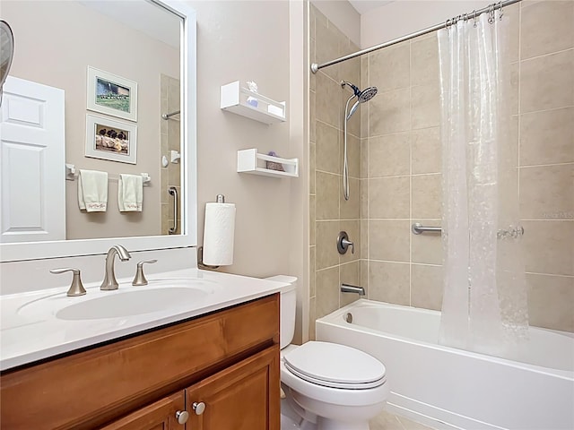bathroom with shower / bathtub combination with curtain, toilet, and vanity