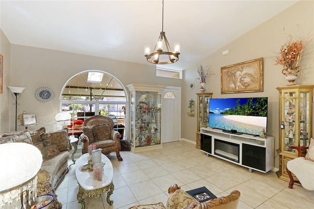 620 Burke Rd, Venice, FL 34293 - living area featuring lofted ceiling, a chandelier, and light tile patterned floors