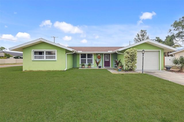 single story home with a garage, driveway, a front lawn, and stucco siding