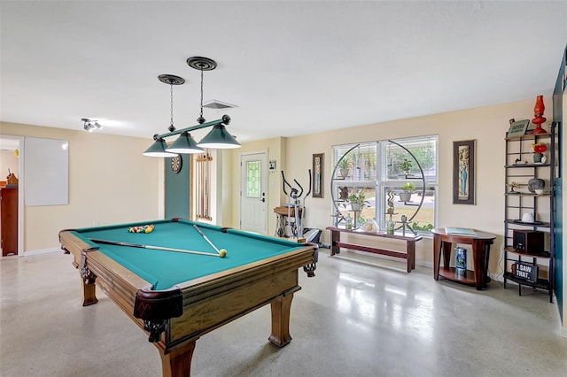 recreation room with visible vents, baseboards, concrete flooring, and pool table