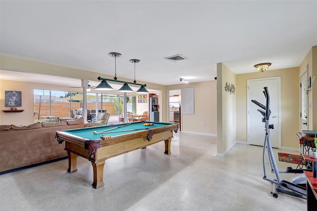 game room featuring visible vents, billiards, and baseboards
