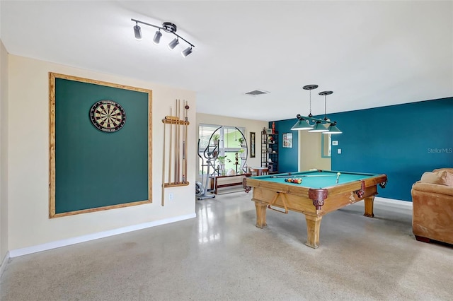 recreation room with visible vents, billiards, baseboards, and speckled floor