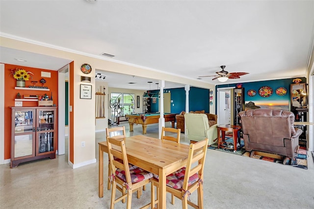 dining space with pool table, baseboards, ornamental molding, and ceiling fan