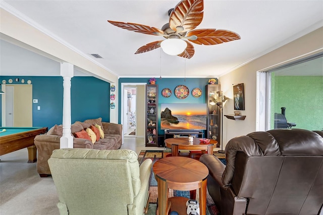 living area featuring light carpet, a ceiling fan, billiards, visible vents, and ornamental molding
