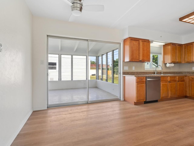 6116 Rodgers Ave, Sarasota, FL 34231 - kitchen featuring brown cabinets, ceiling fan, stainless steel dishwasher, and light wood finished floors