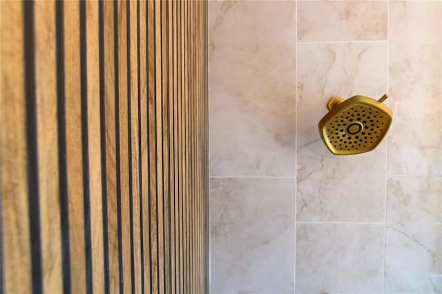 interior details featuring a tile shower
