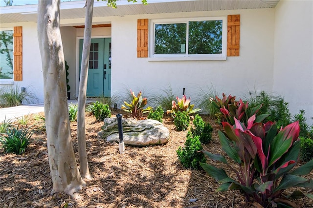 doorway to property featuring stucco siding