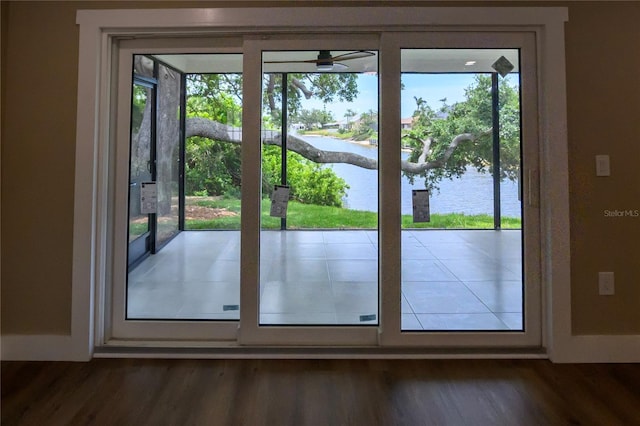 entryway with a healthy amount of sunlight, a water view, and dark wood-type flooring
