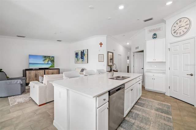 kitchen with stainless steel dishwasher, crown molding, visible vents, open floor plan, and a sink